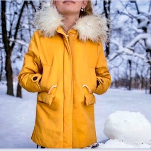 Zara girls yellow puff jacket with faux fur hood
